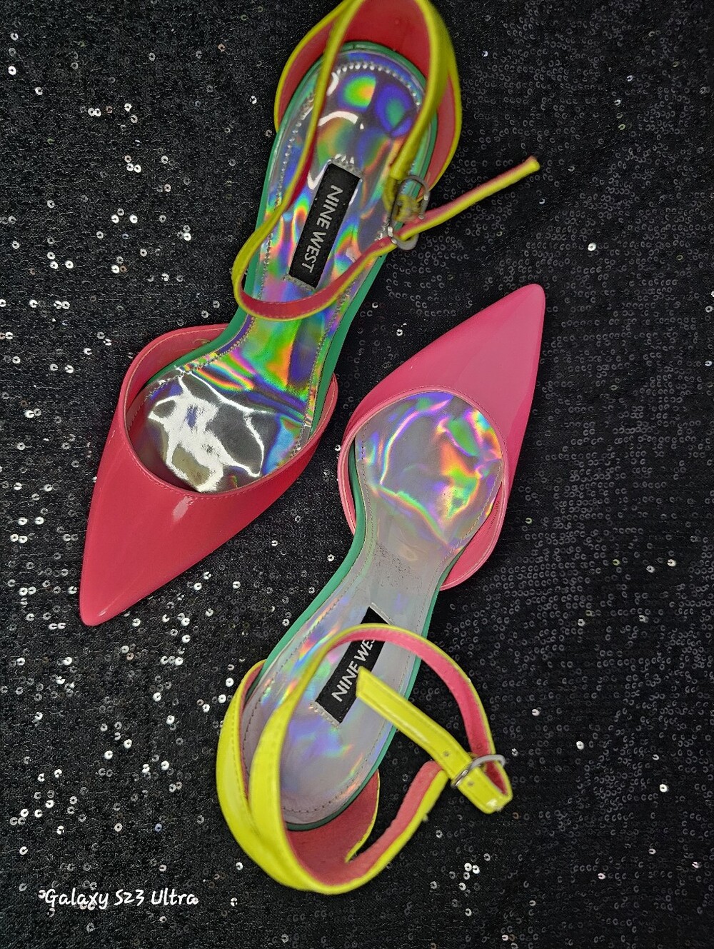 Nine West Pink Pointed-Toe Ankle-Strap Heels with Neon Yellow Accent NEVER Worn